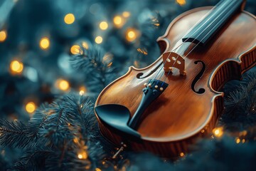 Violin resting on pine branches with glowing lights in a festive setting