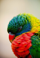 Fototapeta premium Exotic bird with vibrant plumage close up on its intricate feather patterns and bright colors a glimpse into a world of beauty, detailed, with white tones