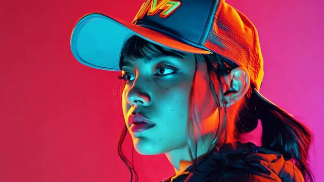 Retro Japanese art of a teen in a baseball jacket and neon hat, neon grill, playful yet precise, solid vivid background, smooth surfaces, rich colors, mid-range angle, clean composition
