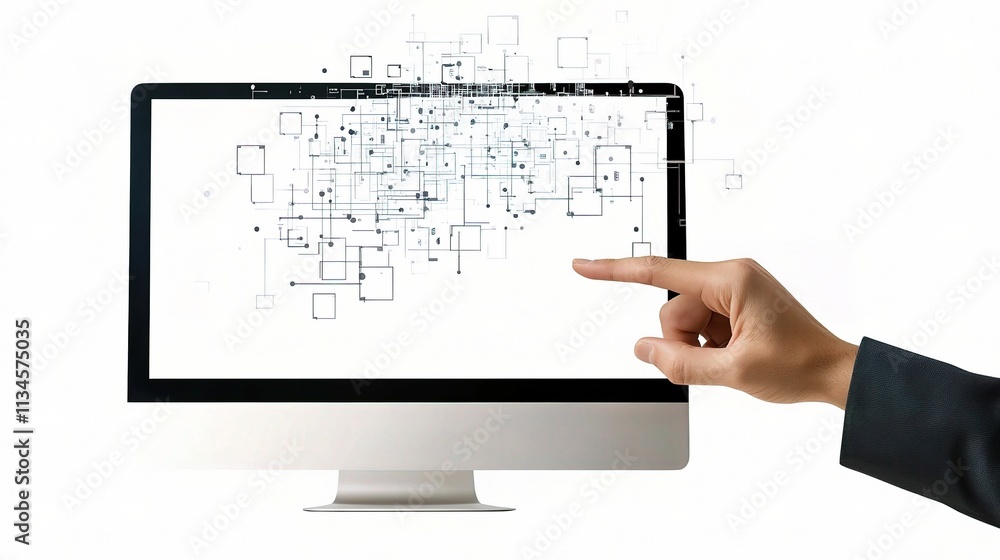 Poster hand interacting with high tech computer display for business solutions