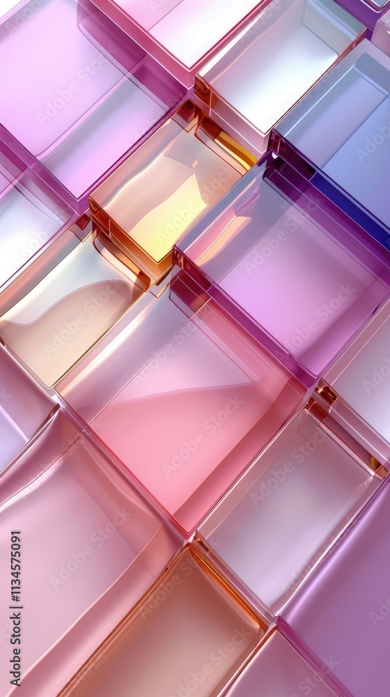Poster a colorful arrangement of translucent geometric shapes creating a vibrant, abstract pattern.