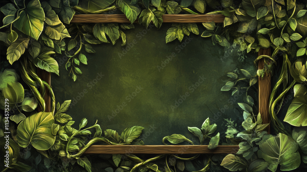 Poster jungle game stone ui frame cartoon vector icon. forest leaf and liana on rock progress bar. menu but