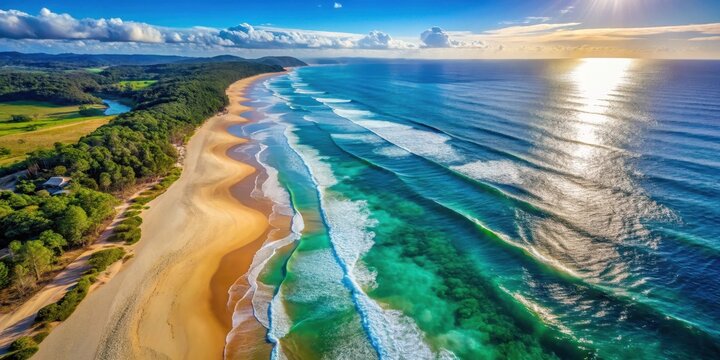 Aereal view of a mesmerizing beach scene, aerial view, beach, coastline, sand, ocean, waves, vacation, travel, tropical