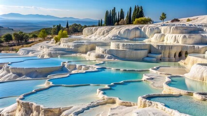 Fototapeta premium Mineral formations in Pamukkale featuring stunning white terraces and pools, Pamukkale