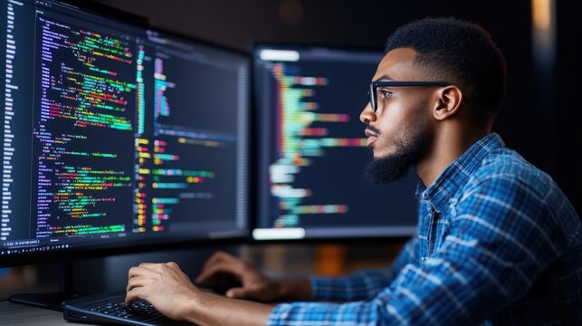 A man is sitting in front of two computer monitors