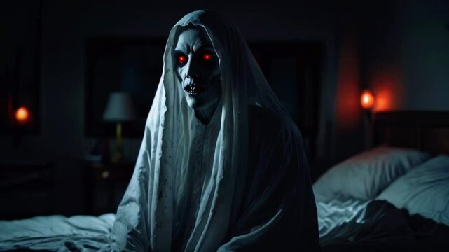 Scary ghost with red eyes appearing and haunting sleeping man in bedroom at night, 4k Wallpaper Background Animation Video