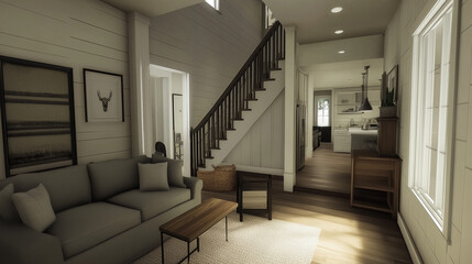 Fototapeta premium Farmhouse home interior design of modern living room with wooden staircase