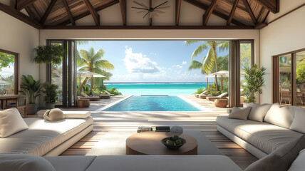 Fototapeta premium Elegant vacation villa with a sea view, large living room, and a swimming pool by the terrace