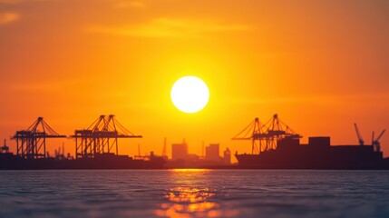 Fototapeta premium The sun is setting over a body of water with a large ship in the distance