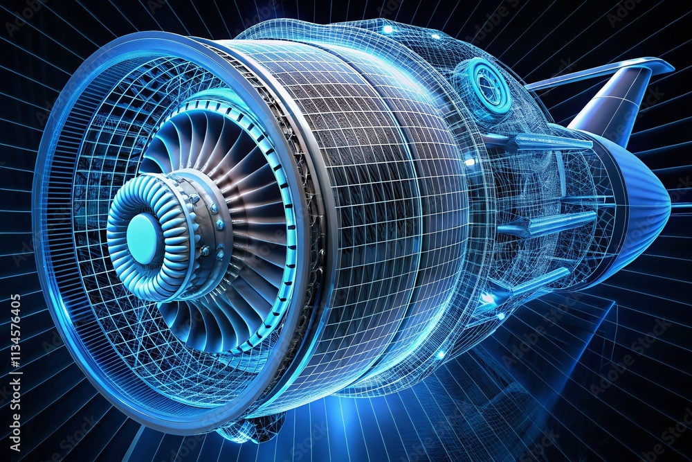 Poster 3d render of airplane engine wireframe with blue grid lines in loop rotation on black background for