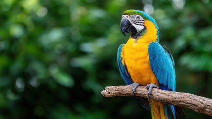 A colorful parrot is perched on a branch in a lush green forest