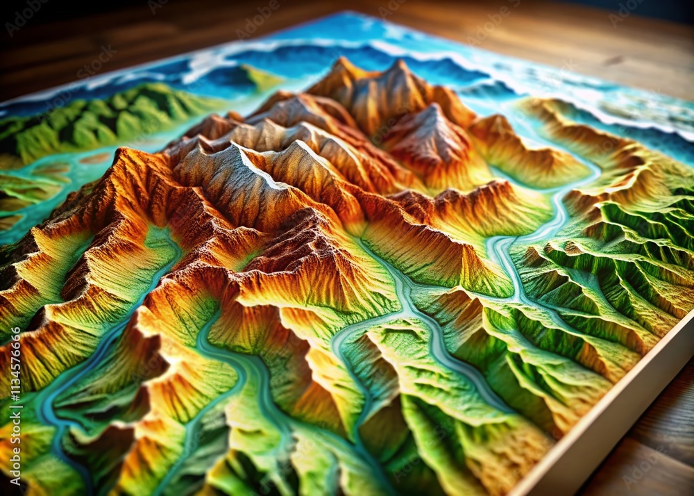 Poster 3d topographic height map illustrating geology survey with detailed contour lines and mountains for 