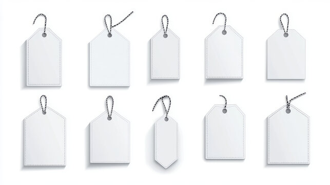 Blank clothes tags, fashion labels with seams. Empty white fabric badges for shirts, dresses and apparel with stitches isolated on transparent background, vector realistic set