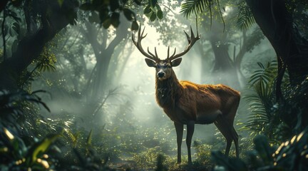 Deer in the Misty Tropical Forest