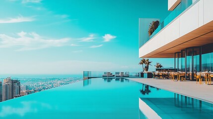 Fototapeta premium Modern Rooftop Infinity Pool Overlooking Cityscape
