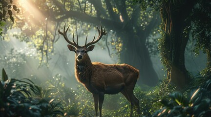 Deer in the Misty Tropical Forest