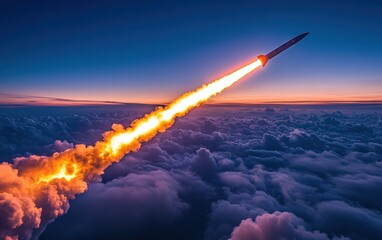 A fiery streak cuts through twilight skies, a missile's ascent towards the heavens, leaving a trail of incandescent glory.