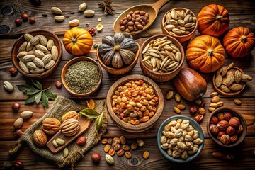 A Beautifully Arranged Pile of Varied Nuts and Seeds Showcasing Nature's Bounty and Nutritional Richness in a Studio Setting for Healthy Living and Culinary Inspiration