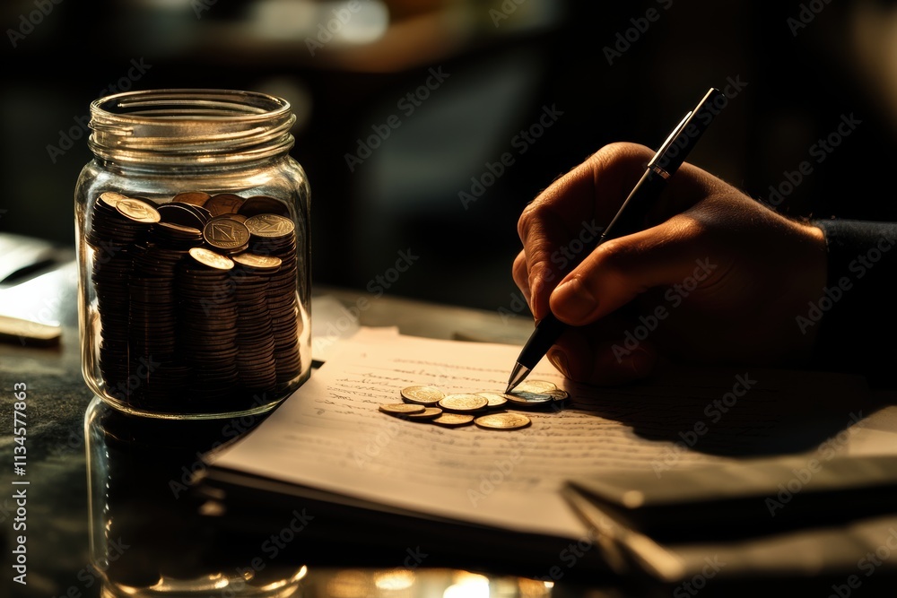 Poster a focused individual sets specific goals and plans finances, symbolized by a jar of coins and an ope