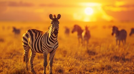 Obraz premium Majestic Zebra Against a Fiery Sunset in Golden Savanna Grasslands
