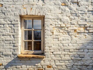 A Beautiful Narrow Glazed Window Set in a White Painted Brick Wall, Showcasing Architectural Elegance with High Depth of Field and Soft Natural Light
