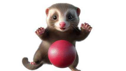 Cute ferret playing with a red ball in a cheerful pose with a transparent background.