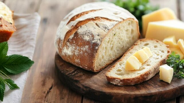 Rustic bread and cheese plate on a wooden table, representing warmth, tradition, and the art of simple meals