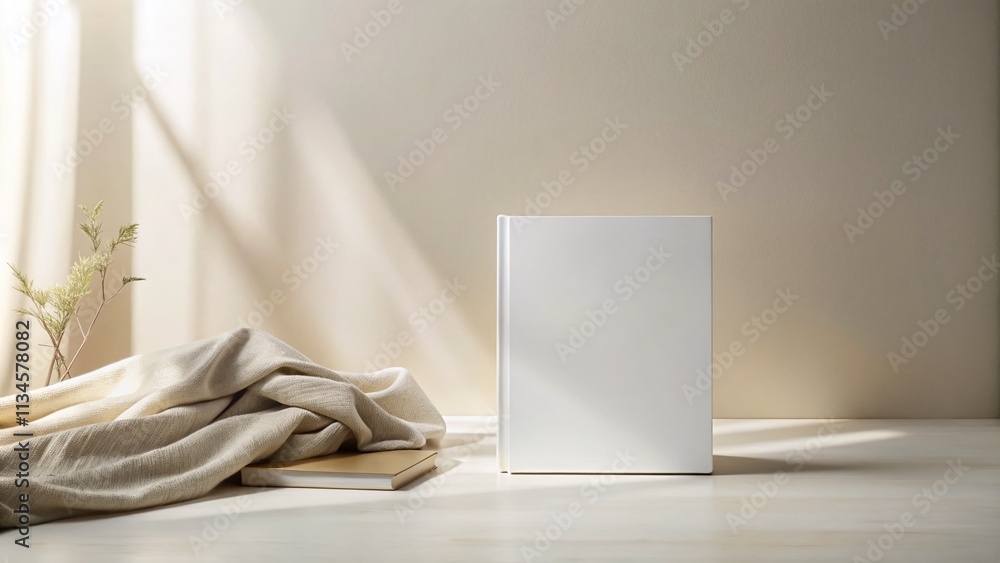Poster a blank white book on a light-colored surface with soft shadows, perfect for minimalist design and c