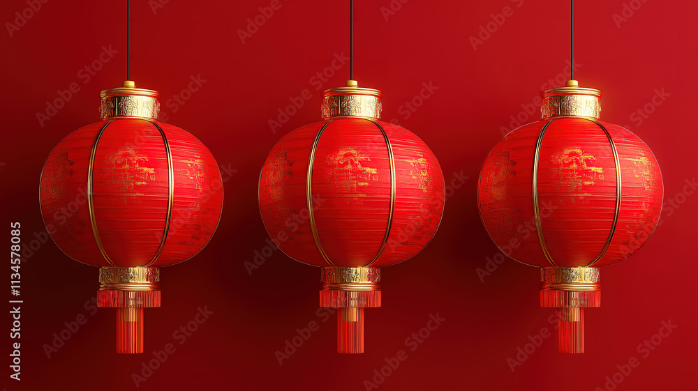 Poster red lanterns adorned with golden patterns symbolizing prosperity and joy