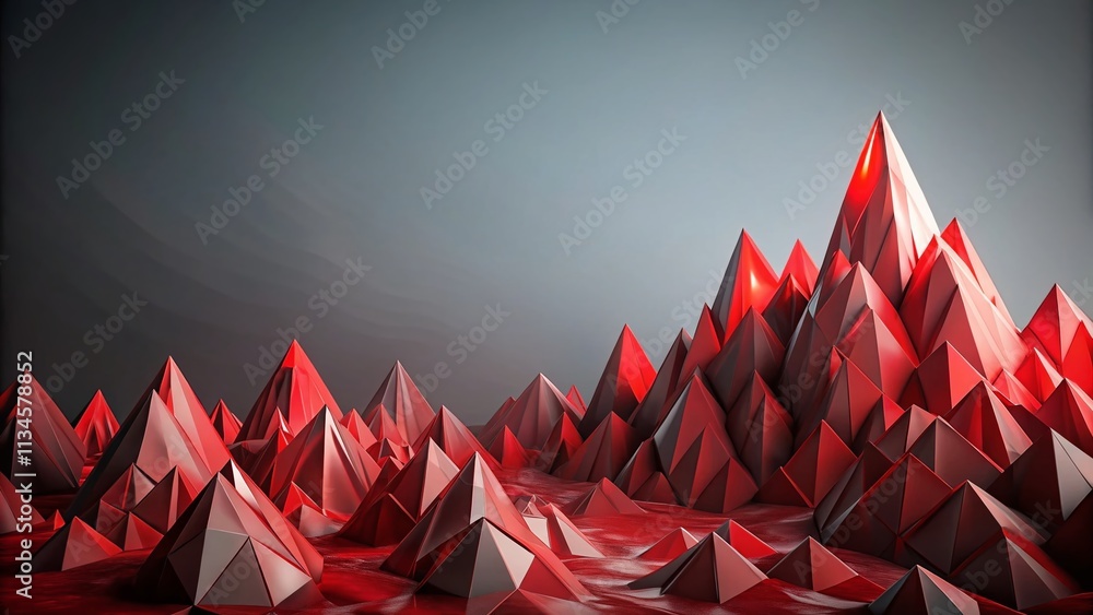 Poster abstract 3d mountain range with red crystal textures on grey gradient background - perfect for moder