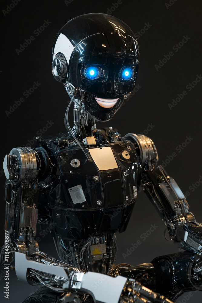 Aufkleber High-tech robot with bright blue eyes and a cheerful expression showcases advanced robotics design in a dark setting