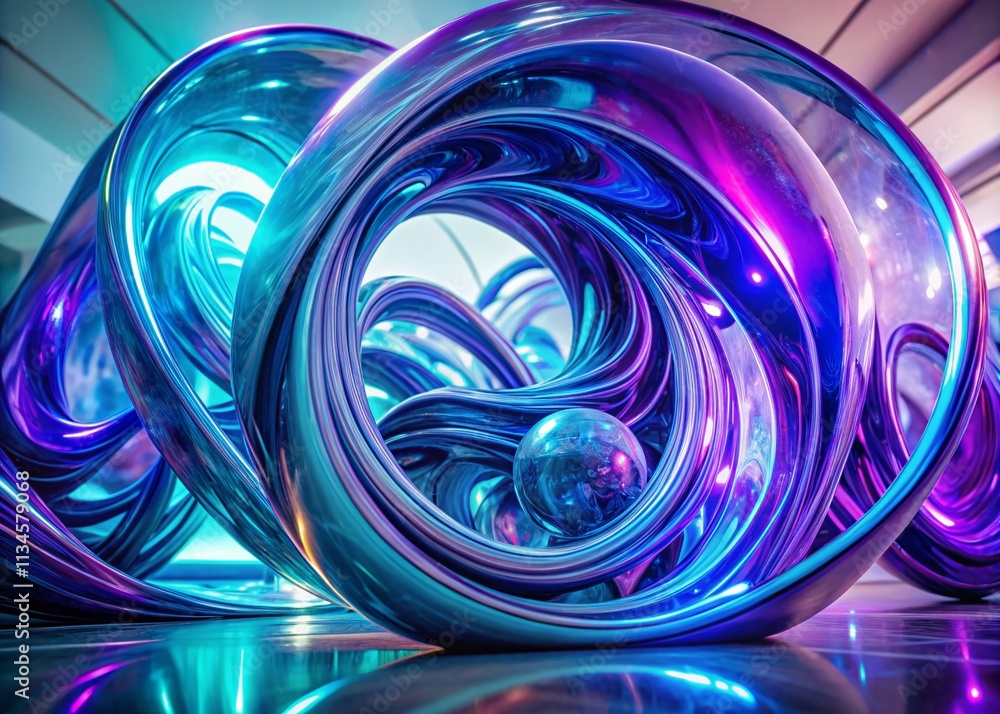 Aufkleber abstract anaglyph sculpture of purple swirls in technological art style with luminous 3d objects on 