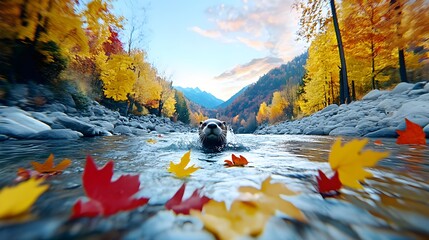 Majestic Brown Bear Swimming Through a Vibrant Autumn River Surrounded by Colorful Leaves and Stunning Mountain Landscape in a Picturesque Setting