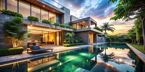 Fototapeta premium Abstract Architectural Villa Design with Modern Swimming Pool Surrounded by Lush Gardens and Dramatic Lighting, Suitable for Luxury Real Estate Marketing and Interior Inspiration