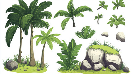 Palm trees and islands set isolated on white background. Vector cartoon illustration of exotic coconut plants with green leaves, tropical grass on pieces of land and rocks, game landscape elements