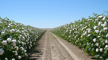 Obraz premium Lush Cotton Field Under Clear Blue Sky with White Blooms in Rows