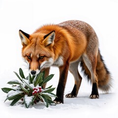Obraz premium Curious red fox sniffing snowy holly plant against white background
