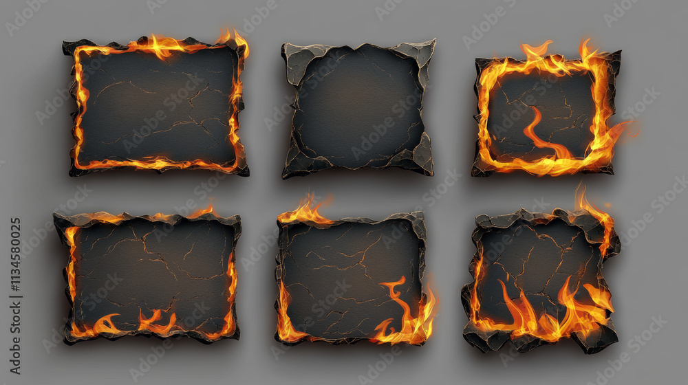 Poster fire on burnt paper edges. frames with burn effect with yellow flame, black ash and scorched edges o