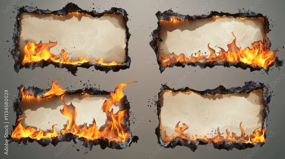 Poster fire on burnt paper edges. frames with burn effect with yellow flame, black ash and scorched edges o