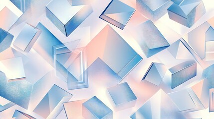 Fototapeta premium A seamless pattern with digital geometric shapes, their surfaces adorned in pastel hues of blue and peach, an abstract mosaic that celebrates the beauty of technology and design. 