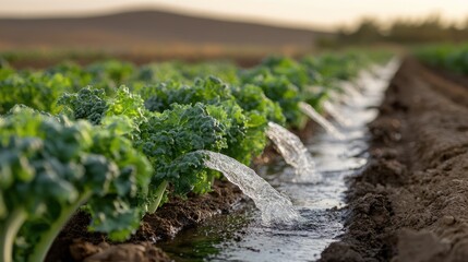 Lush Green Kale Plants Getting Watered in a Sunny Farm Field