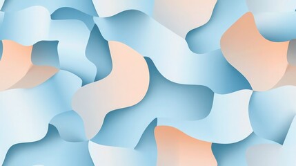 A seamless pattern with digital geometric shapes, their surfaces blending and flowing in soft pastel hues of blue and peach against an isolated white background. 
