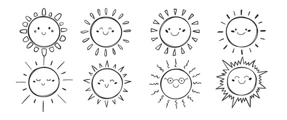 Set of hand drawn cute sun with crayon or pencil texture. Kids doodle illustration on a white background.
