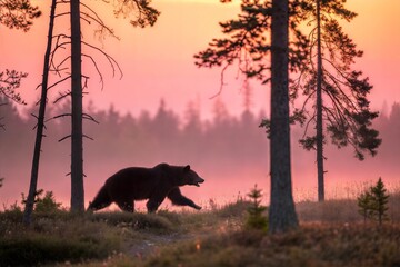 Bear wandering through a dense forest at sunset with a colorful sky and silhouetted trees in the background. Generative AI