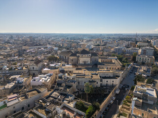 Aerial drone view of the historic city center in Lecce, a town in Puglia, southern Italy.