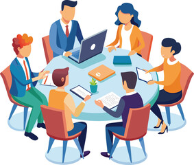 Partners meeting for business discussion with documents and laptop on desk. Couple at round table, speaking, discussing work, partnership. Flat vector on a white background