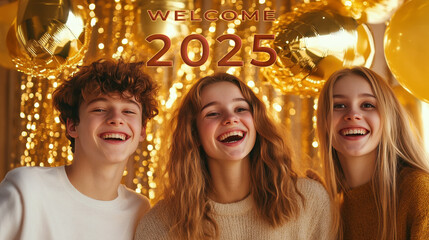 Welcome 2025 Party Banner with Three Young People Laughing Together Against Golden Balloons and Ribbon Decorated Background. Fictional Character Created By Generated AI.