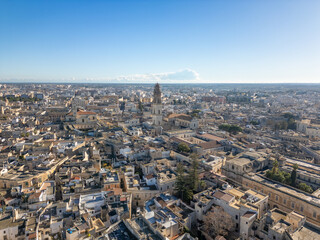Aerial drone view of the historic city center in Lecce, a town in Puglia, southern Italy.