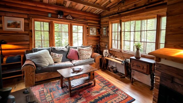 Rustic wooden cabin interior with cozy furnishings, warm and inviting, natural textures.