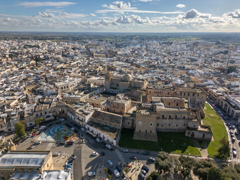 Aerial drone view of the southern Italian town of Mesagne in Puglia.